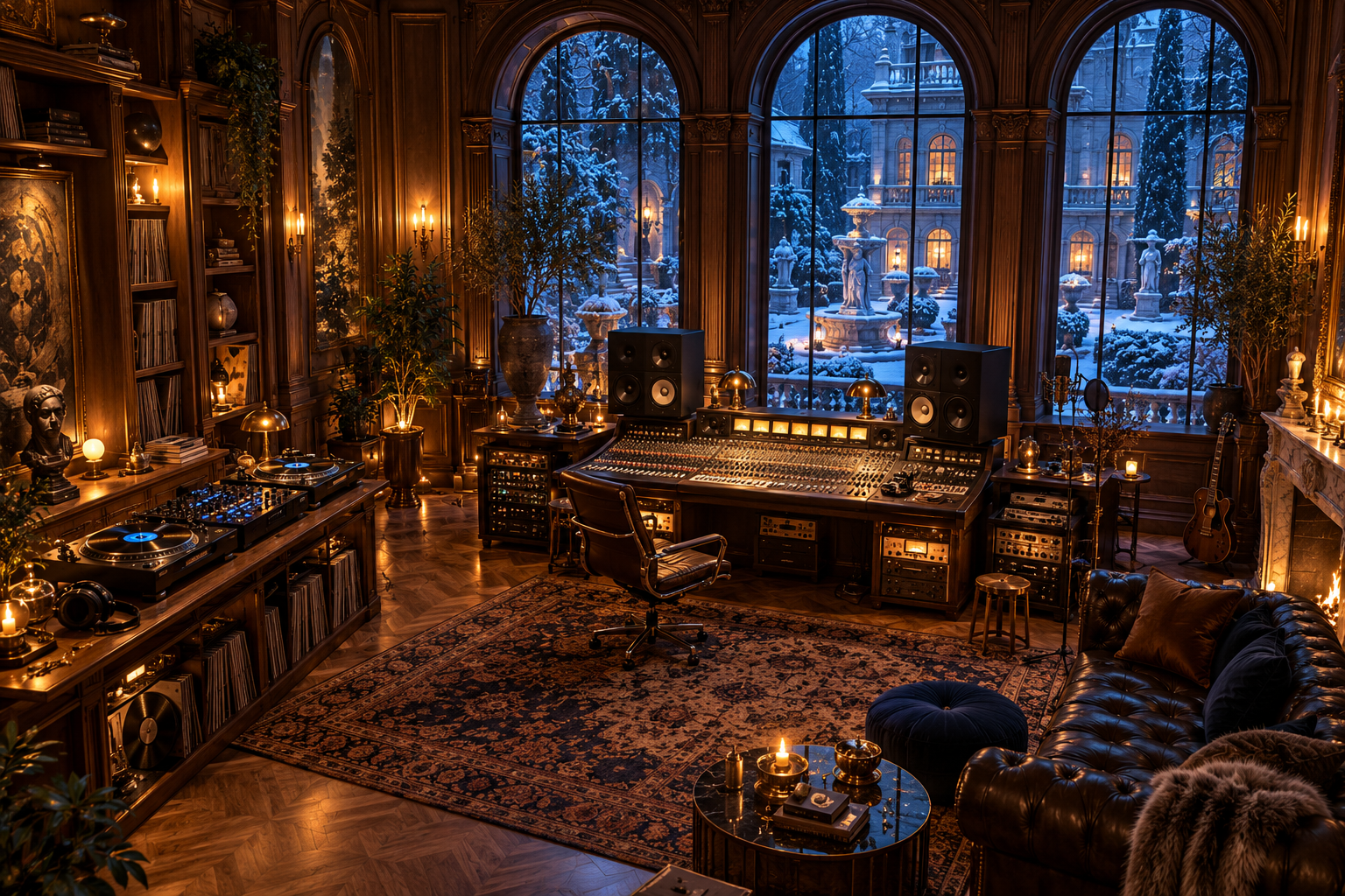 An illustrated music studio with DJ decks, a mixing desk and warm wood panels