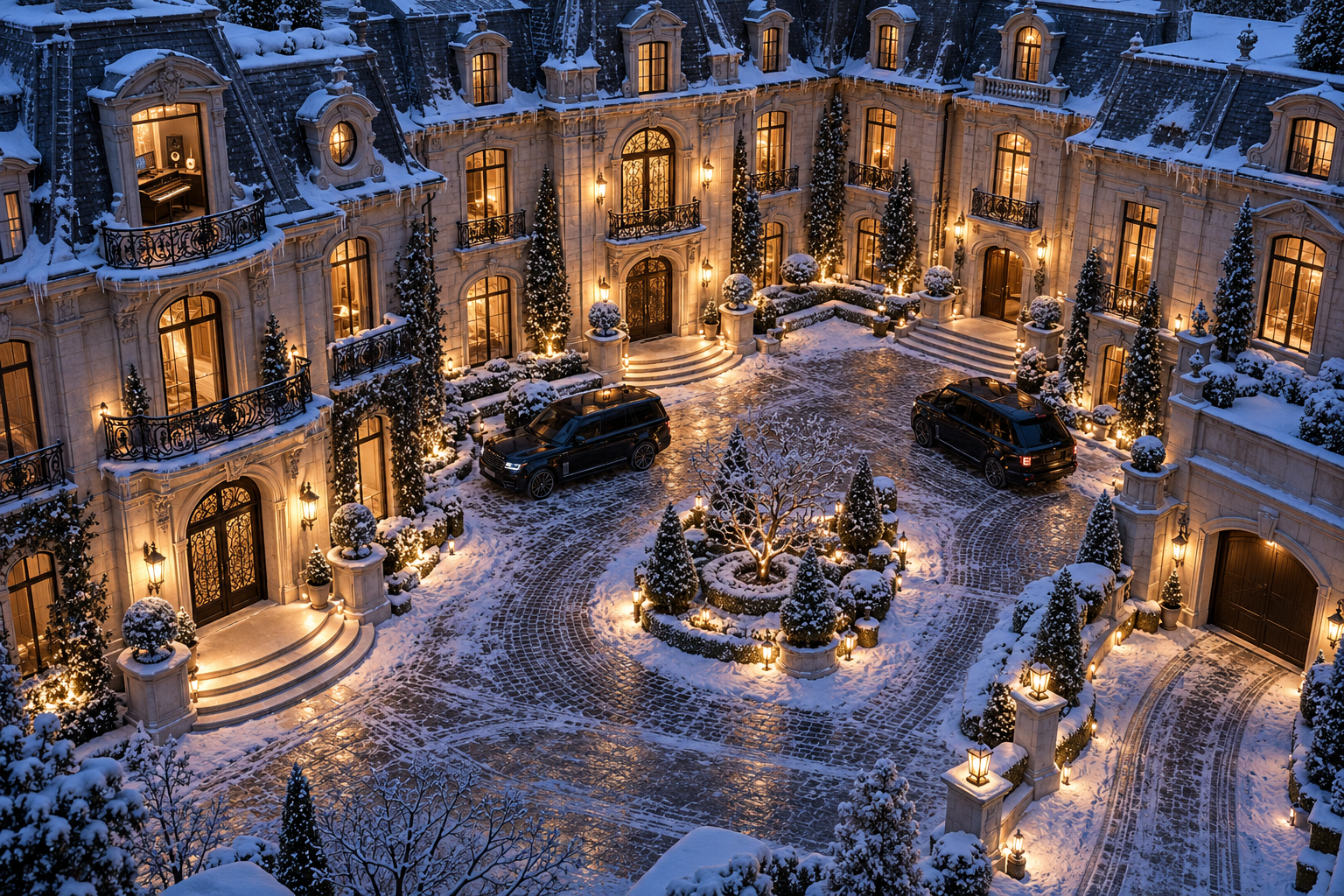 The SugarTrap estate: a snow-covered mansion courtyard glowing with warm light